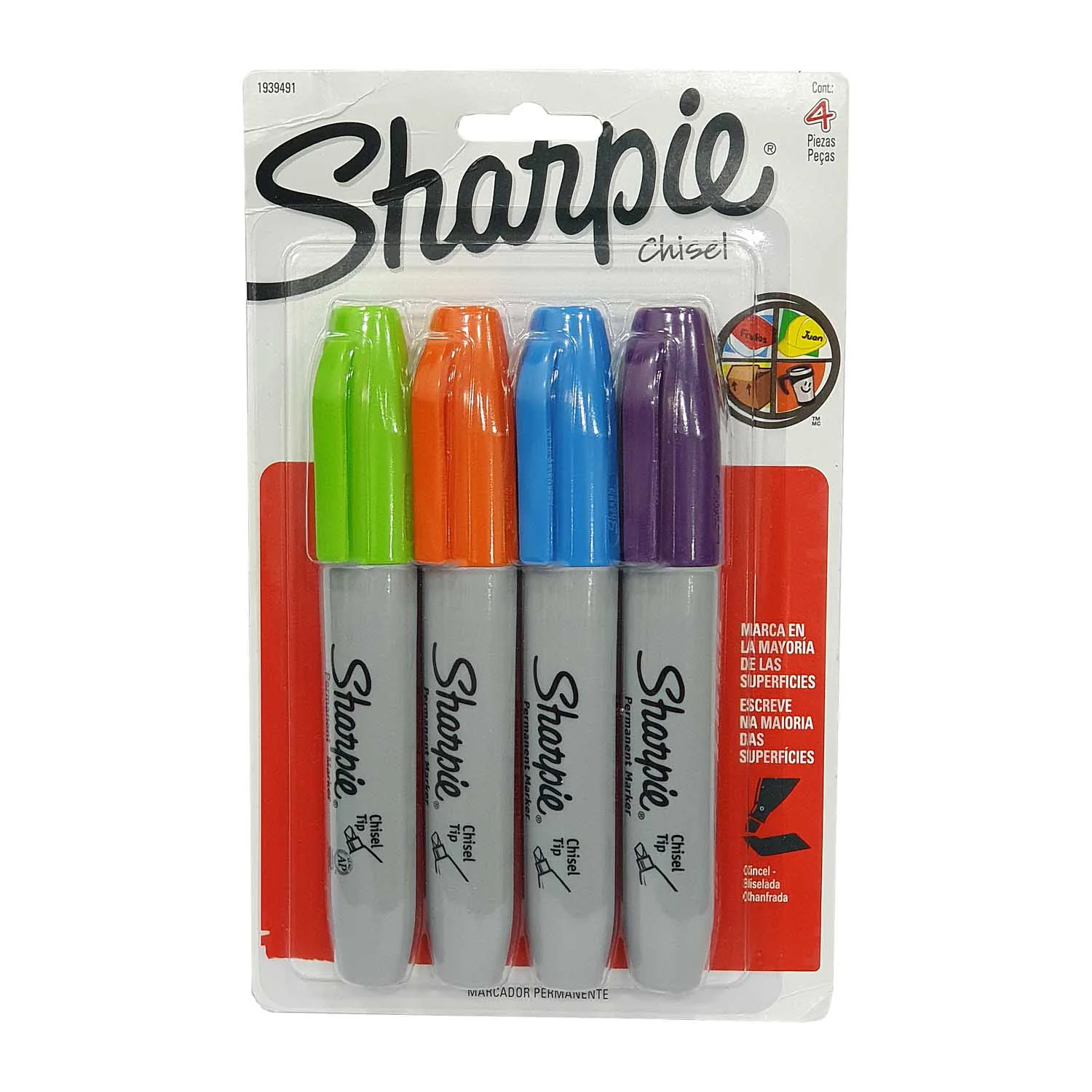 Marcador Sharpie 4 Colores Punta Biselada Permanente